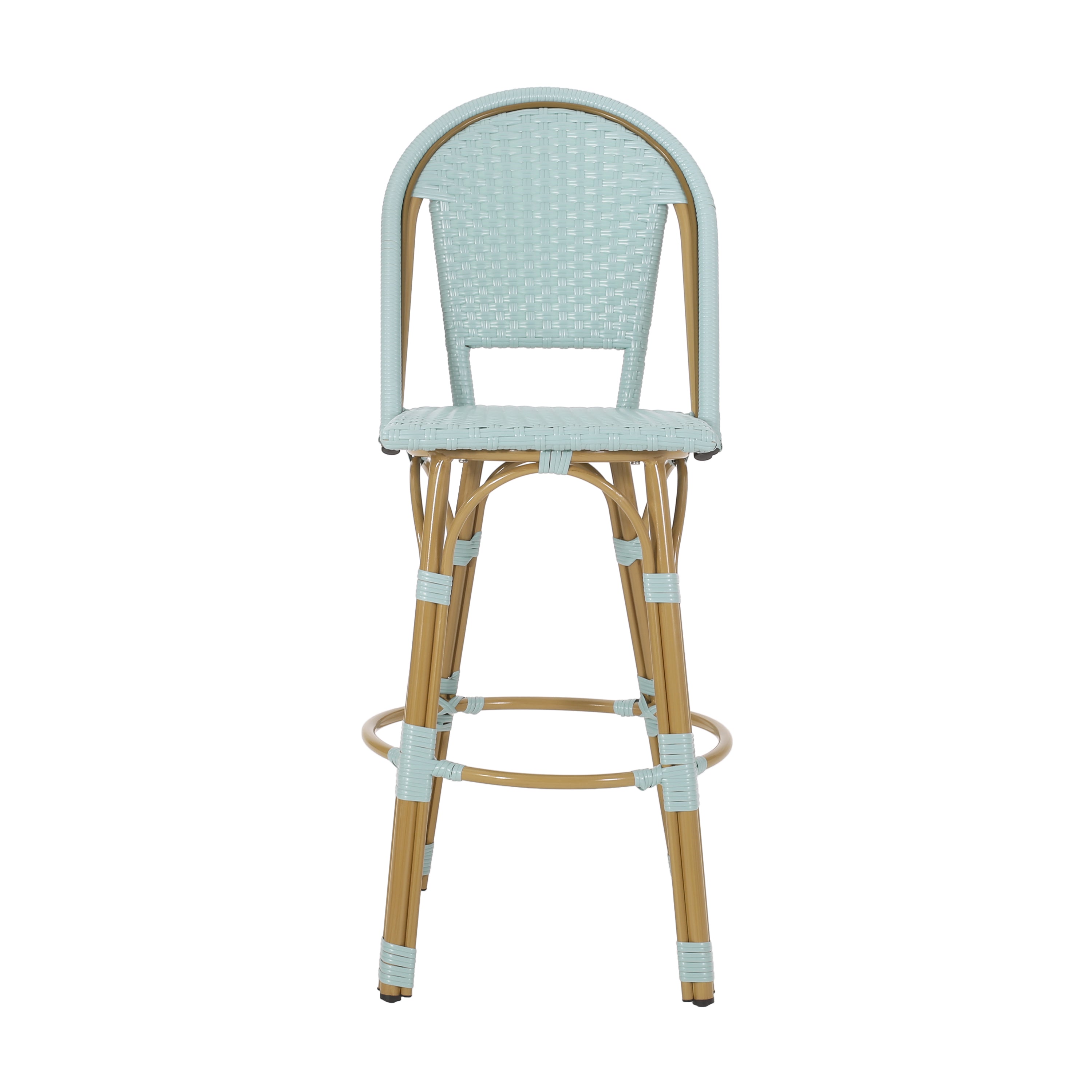 29.5 Inch Outdoor PE Rattan Aluminum French Barstools, Set of 2, Light Teal