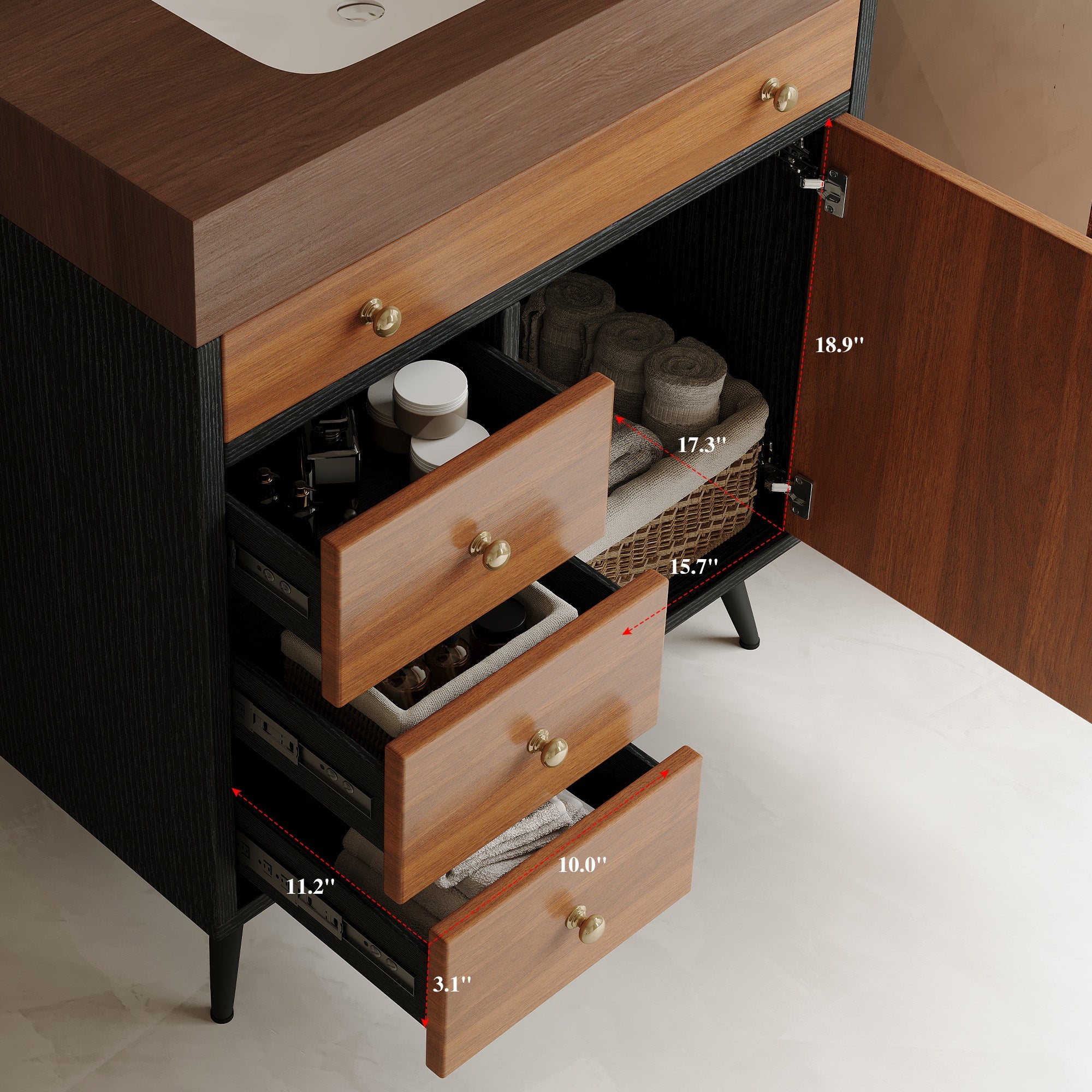 Mid-Century Modern Free-Standing Bathroom Vanity with Ceramic Sink & Sintered Stone Top