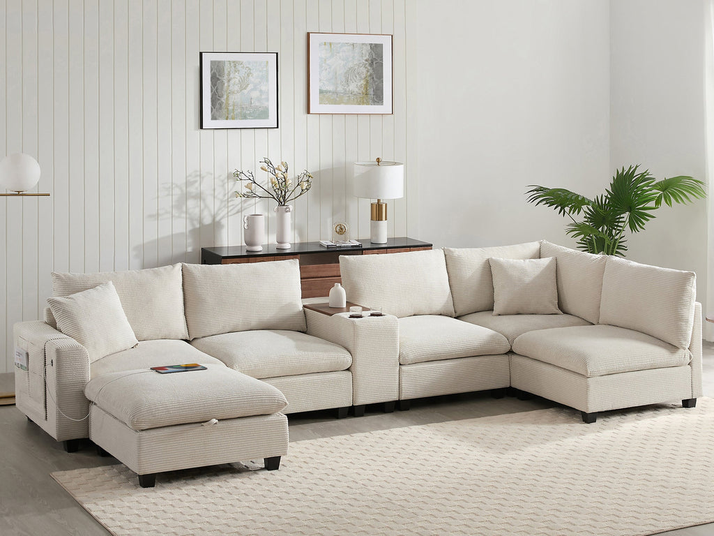 Sectional Sofa U-Shape Corduroy Beige 6 Seat Storage Ottoman USB 140 In