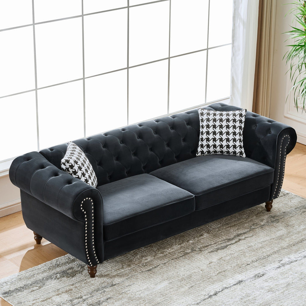 Loveseat Mid-Century Chesterfield Velvet Black 2 Seat Rolled Arms 67 In 450 LB