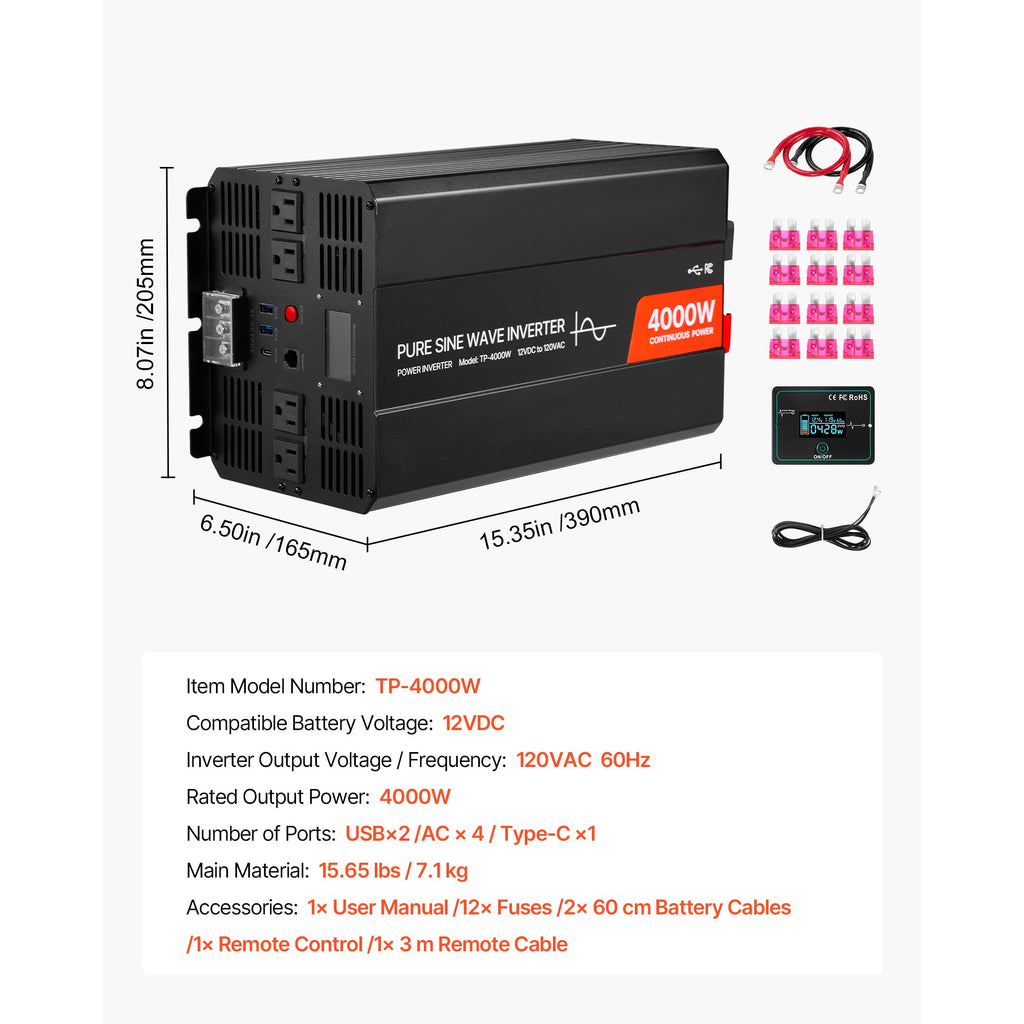4000W Pure Sine Wave Power Inverter, 12V to 120V, LCD, USB, for RV Truck