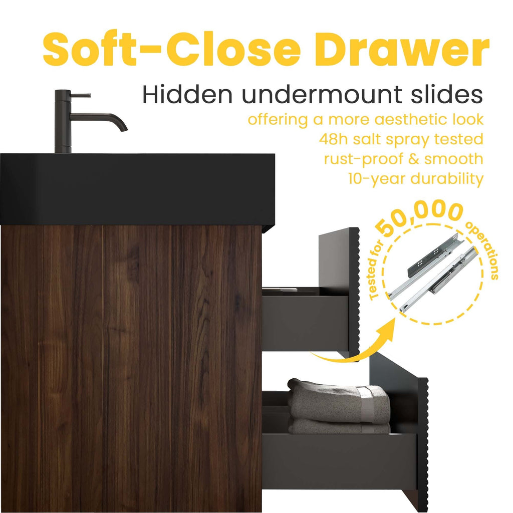 36' Walnut Bathroom Vanity with Matt Black Engineered Quartz Sink Soft Black Drawers