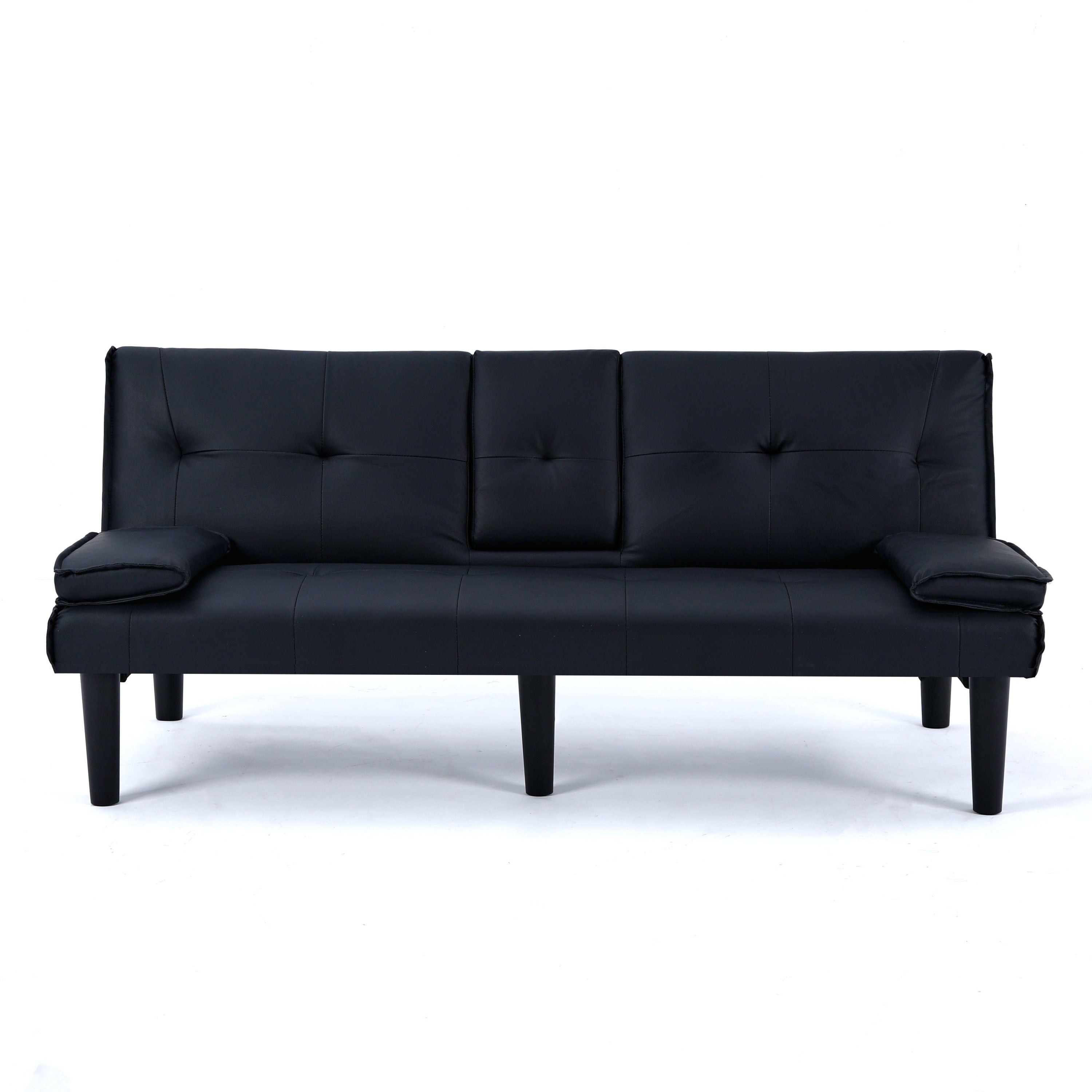 67-inch Black PVC Multi-Functional Sofa Bed with Foldable Design and Cup Holder