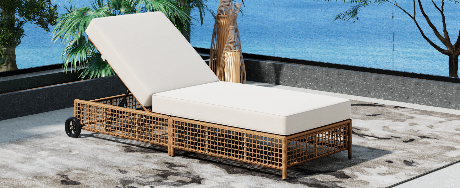 Outdoor Lounge Chair, 5-Position Adjustable Rattan Chaise with Cushion and