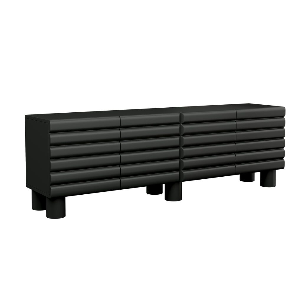 TV Stand Wavy Door Black MDF 4-Cabinet Cylindrical Legs Fits 70 In TV