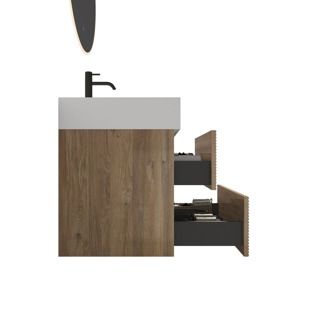 24' Rough Oak Bathroom Vanity with White Glossy Engineered Quartz Sink Soft Drawers