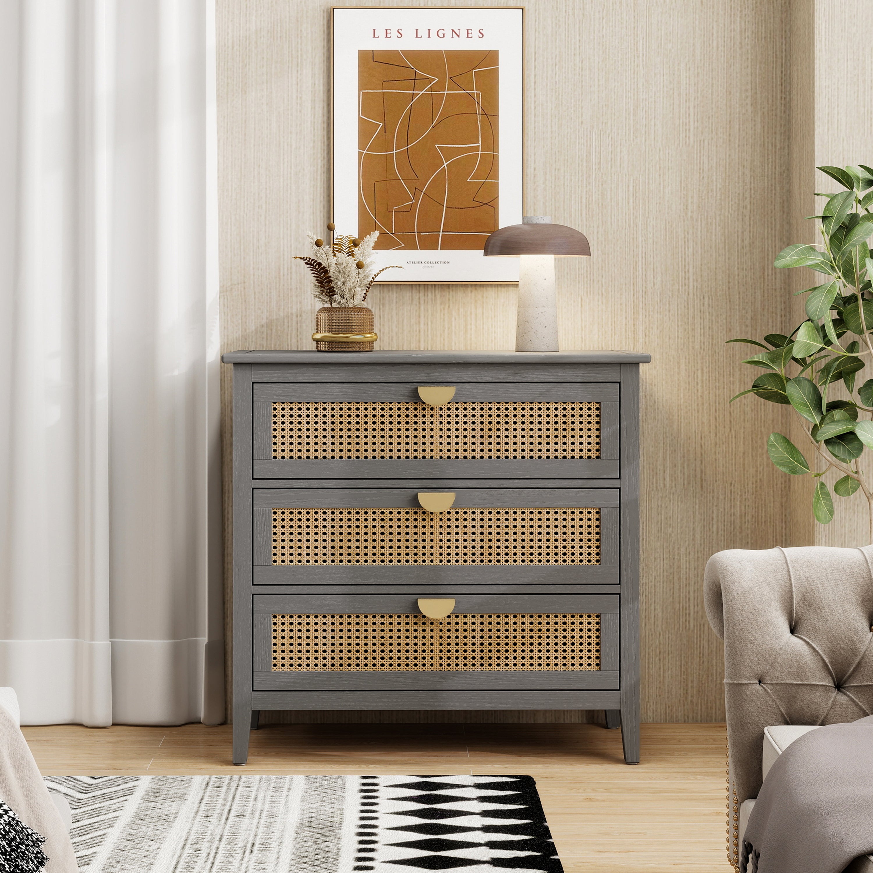 3-Drawer Cabinet - Natural Rattan - Suitable for Bedroom, Living Room, or Study