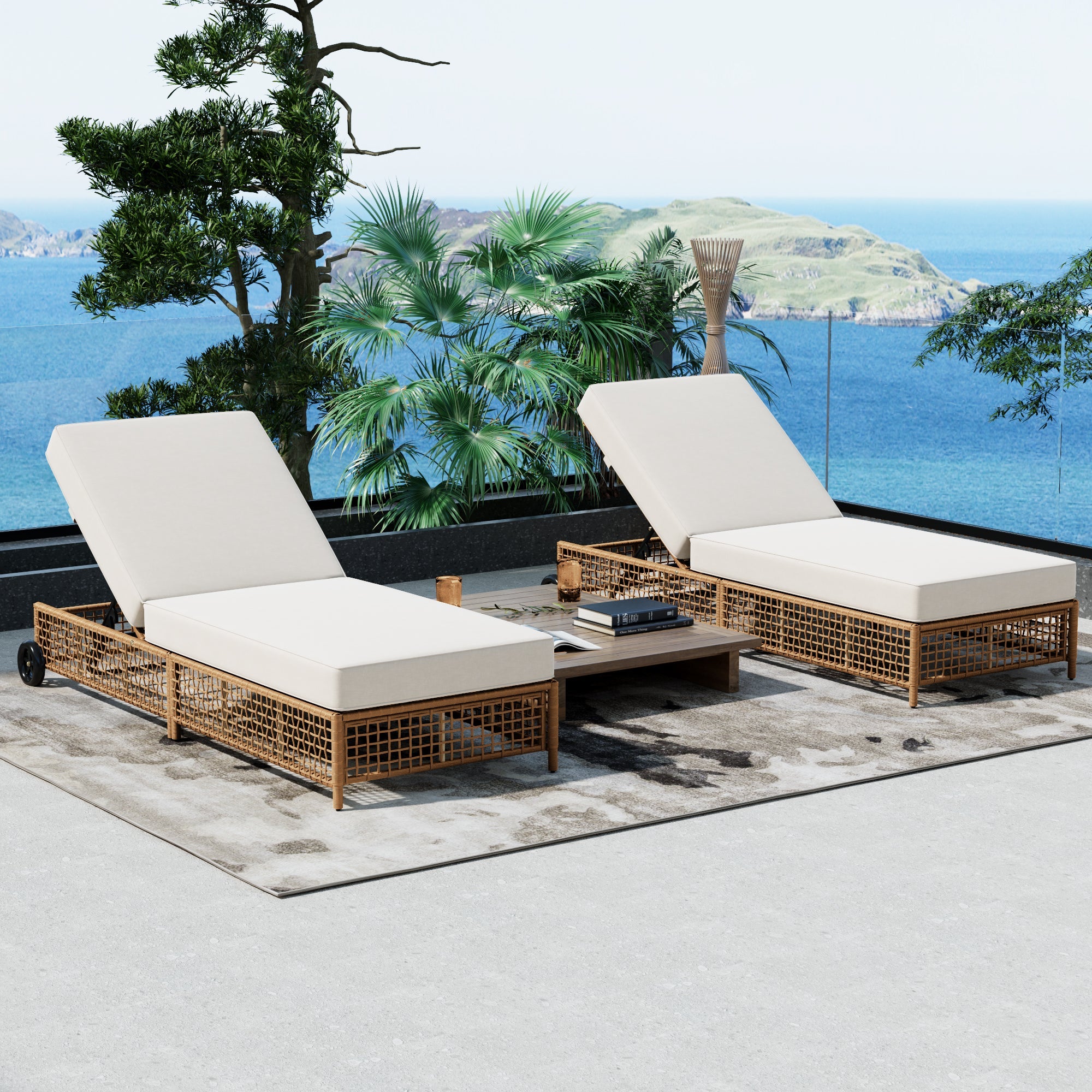 Outdoor Lounge Chair, 5-Position Adjustable Rattan Chaise with Cushion and