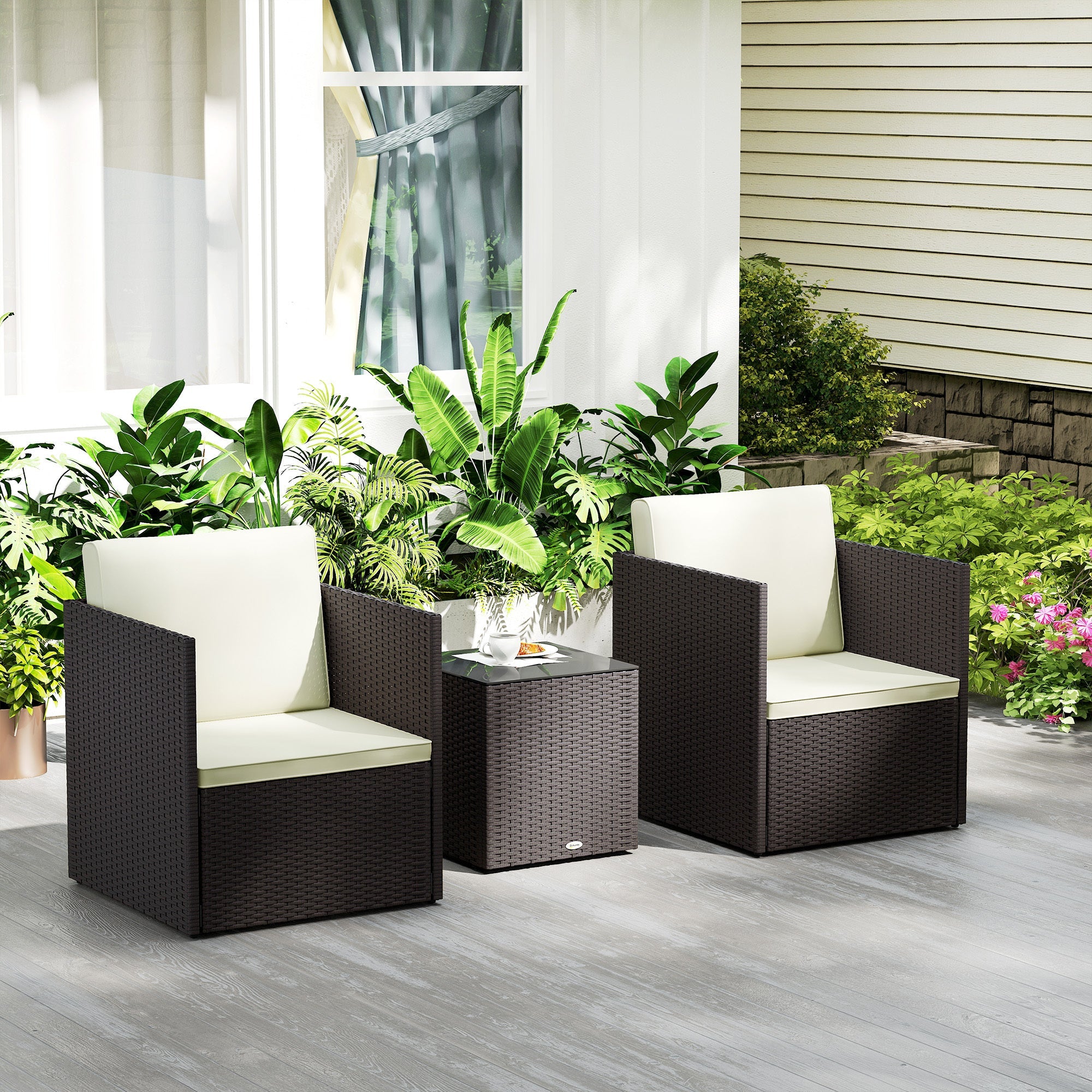 Outdoor Bistro Set PE Rattan Brown Folding 3 Piece Tempered Glass Table