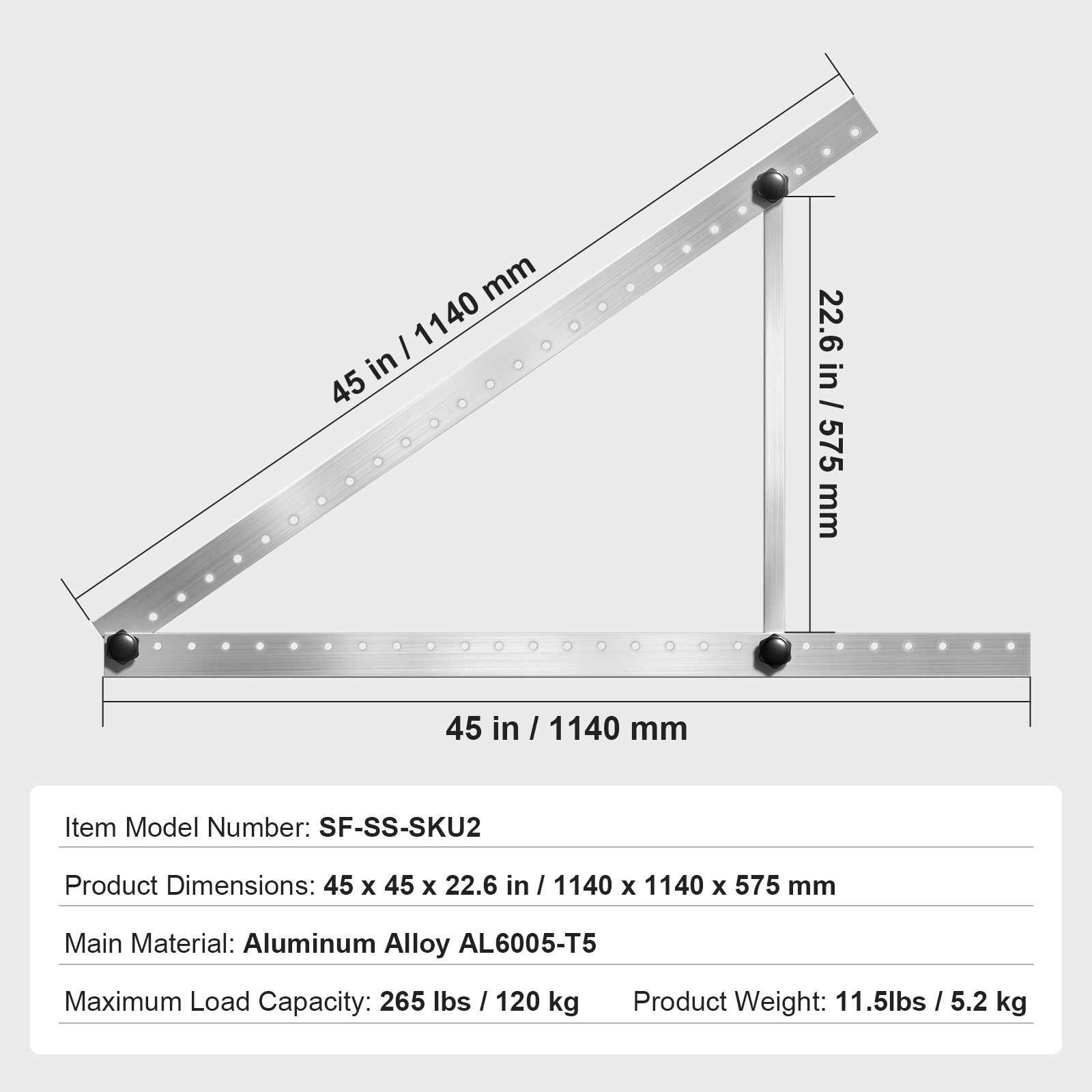45-Inch Solar Panel Mount Brackets 0 - 90° Adjustable Tilt Brackets 2-Set