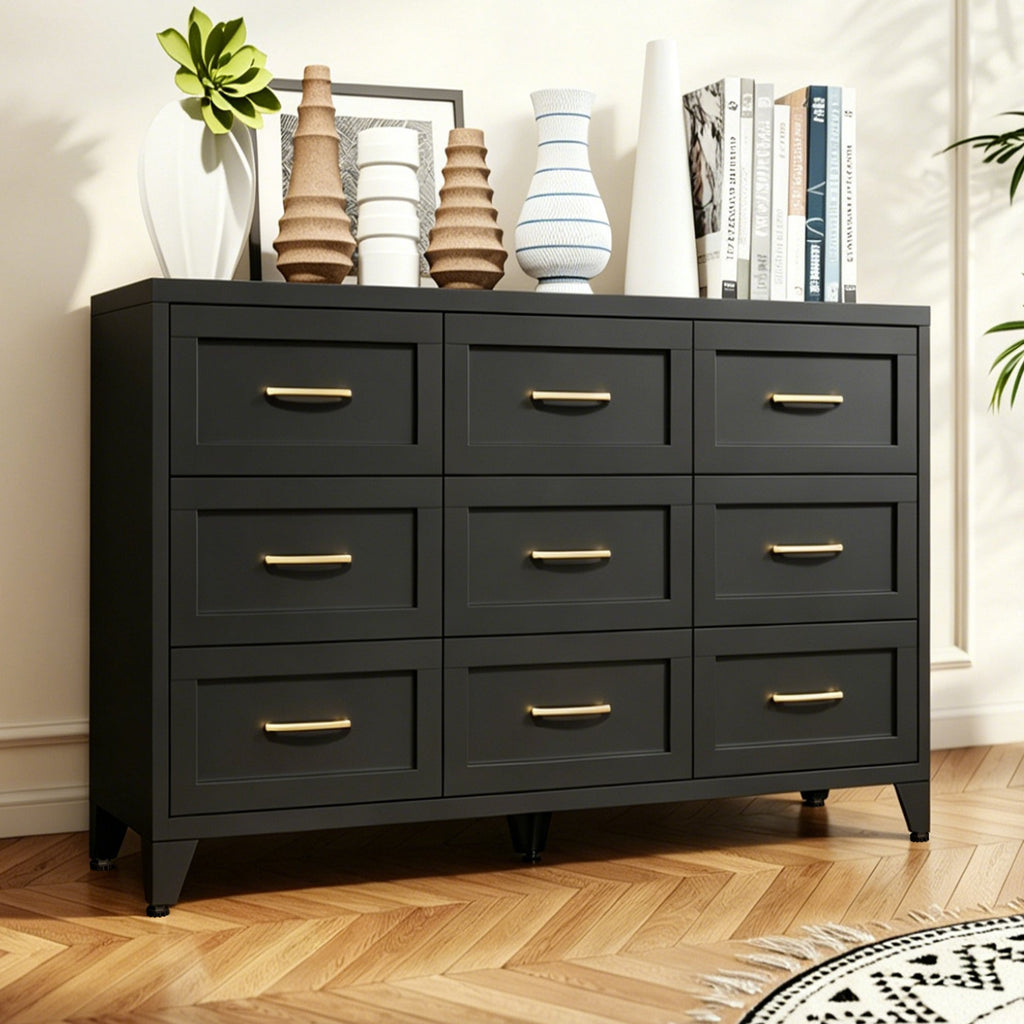 Dresser 9-Drawer Black Steel Smooth-Glide Powder Coat 52x15.8x30 In
