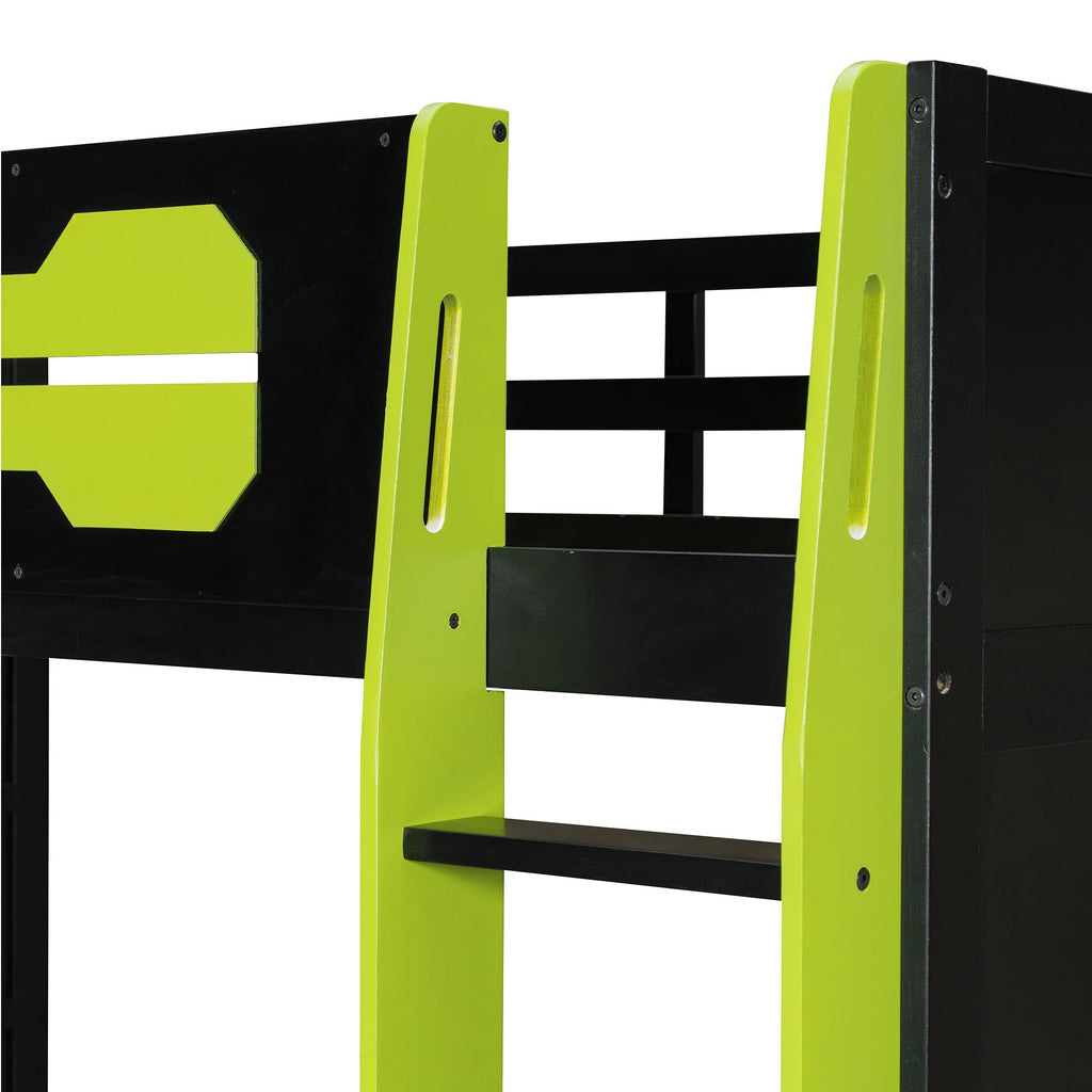 Twin Size Wood Loft Bed with Desk, Multi-storage Shelves and RGB Light, Green
