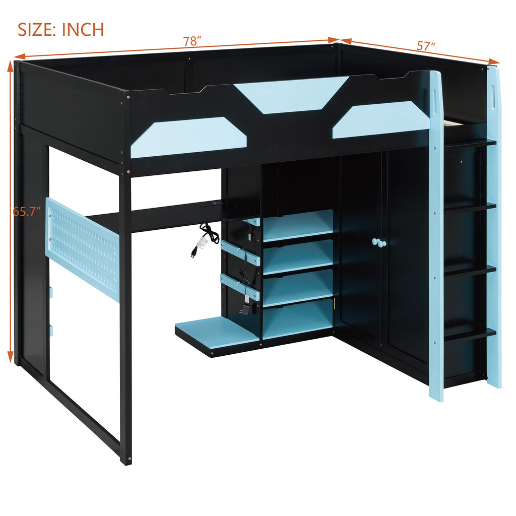 Full Size Wood Loft Bed with Desk, Multi-storage Shelves, USB and RGB Light