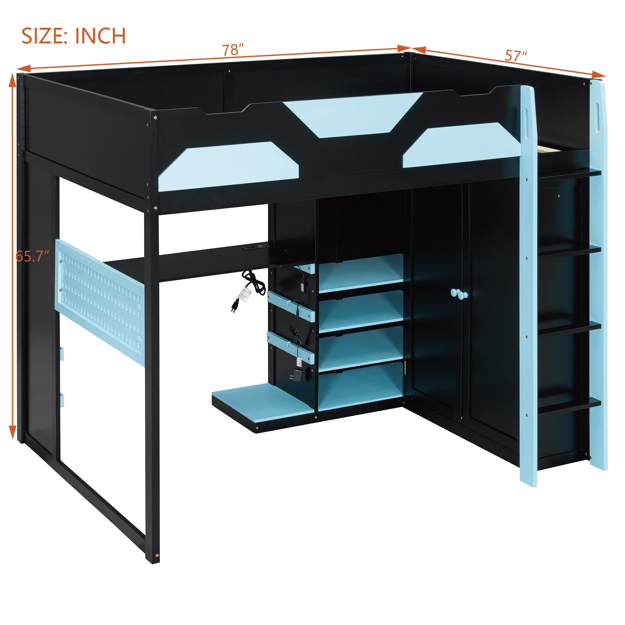 Full Size Wood Loft Bed with Desk, Multi-storage Shelves, USB and RGB Light