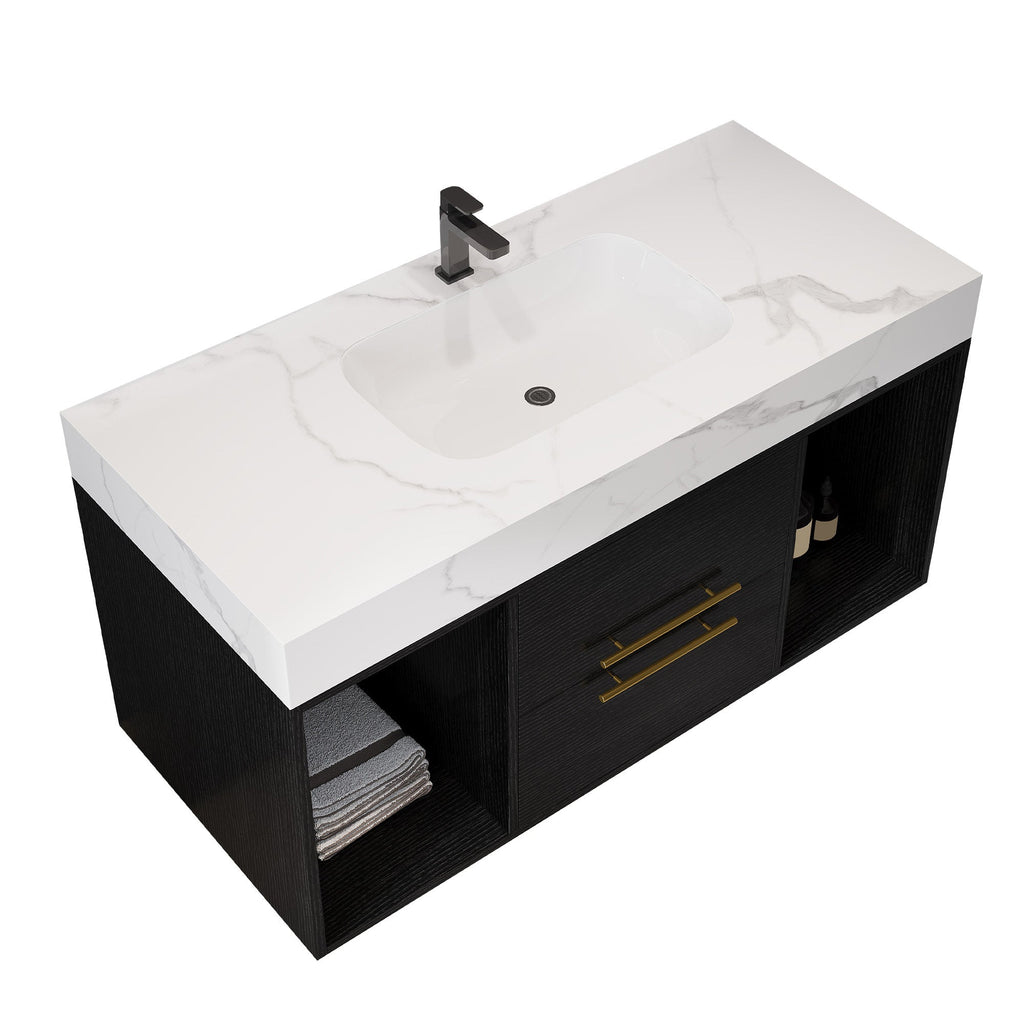 39.4' Floating Bathroom Vanity with Ceramic Sink, 2 Drawers and 2 Open Shelves