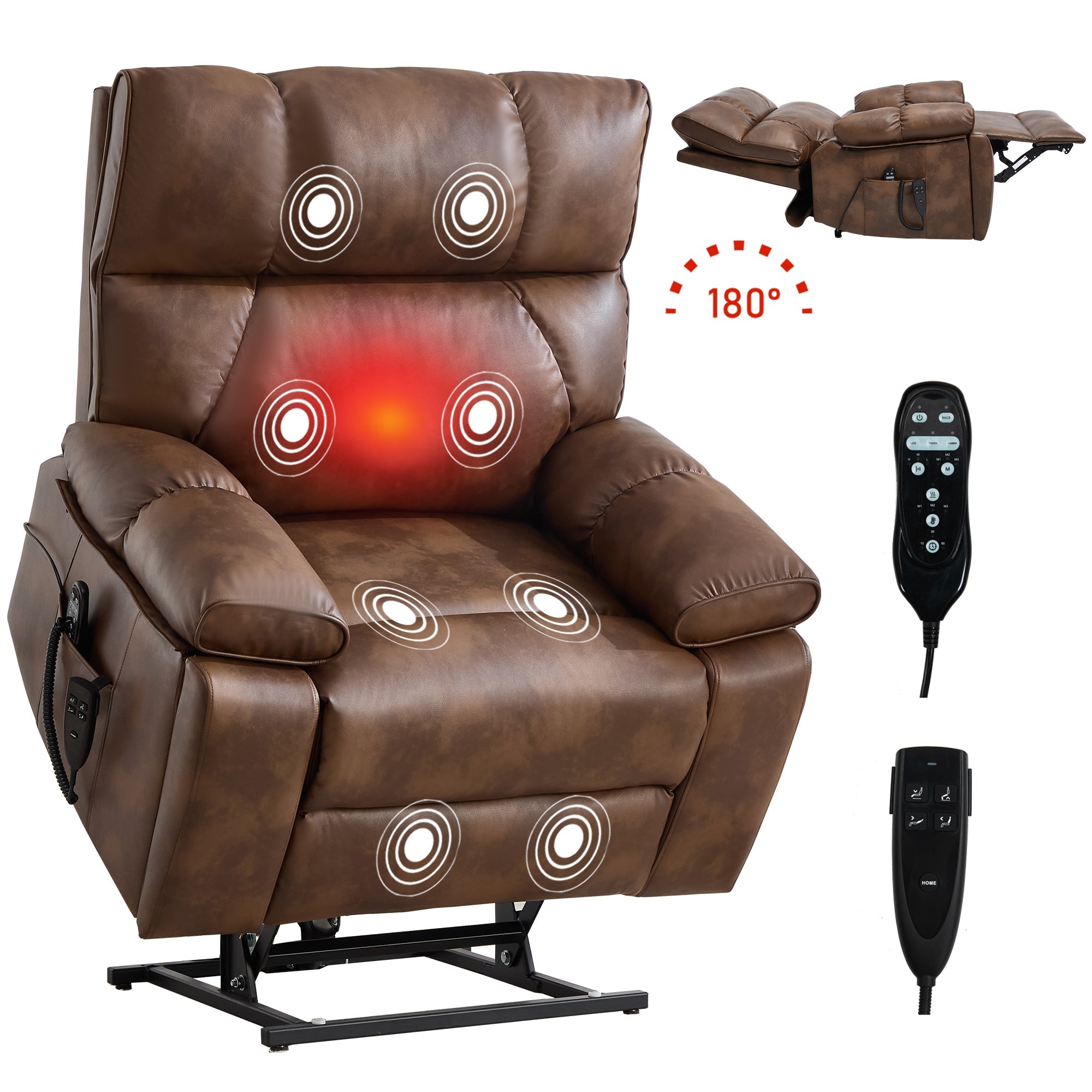 Lift Recliner Chair Power Faux Leather Brown Dual Motor Heat Massage 350 LB