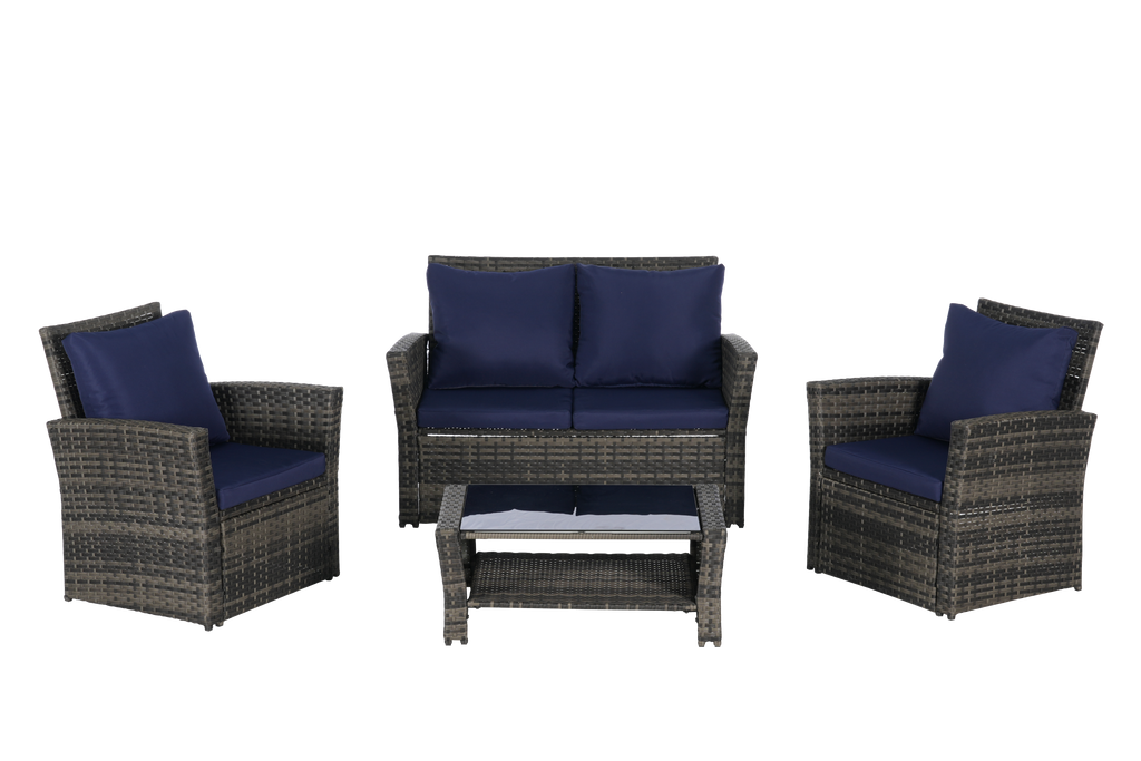 Outdoor Patio Set PE Rattan Steel Dark Blue 4 Piece Glass Seats 4