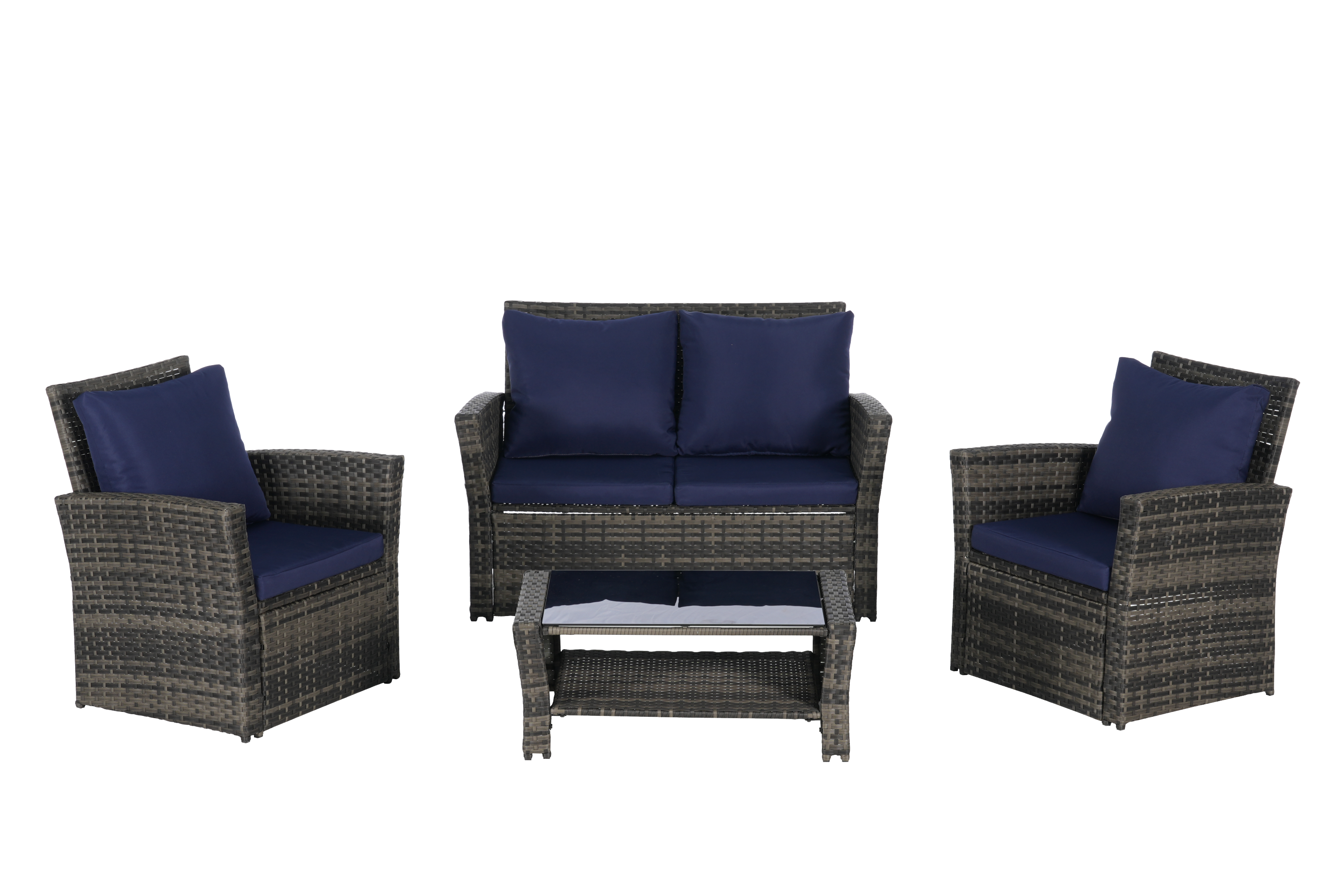 Outdoor Patio Set PE Rattan Steel Dark Blue 4 Piece Glass Seats 4