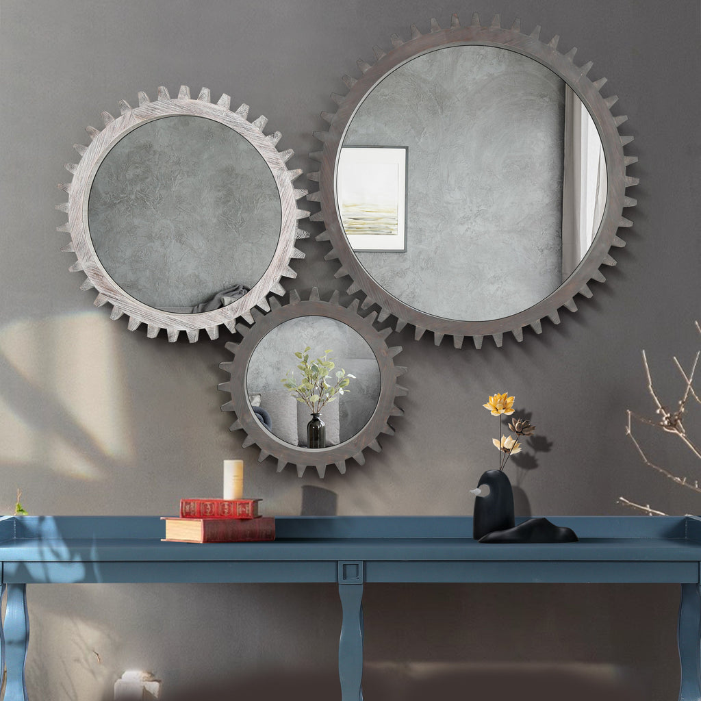 Wall Mirror Round Gear-Shape Wood Frame Dark Brown Vintage 16.5 In