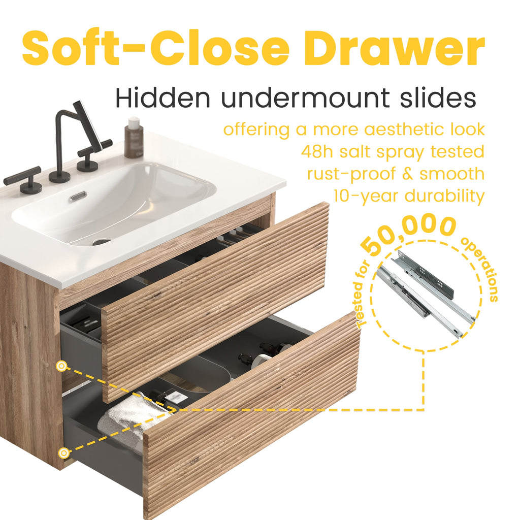 30' Wall Mounted Rough Oak&Rough Oak Bathroom Vanity with Integrated Ceramic ...