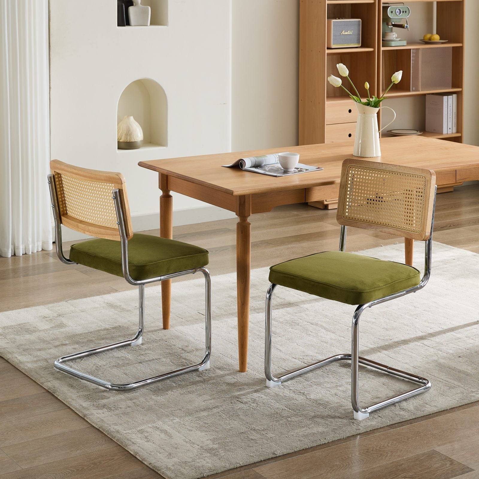 Mid Century Modern Dining Chairs Set of 2, Velvet Accent Chairs with Natural