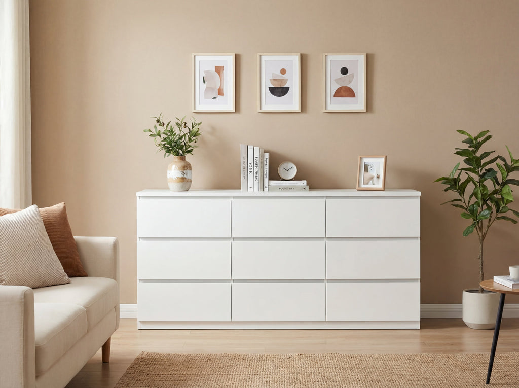Dresser Modern 9-Drawer White Particle Board Handleless 63x15.74x29.5 In