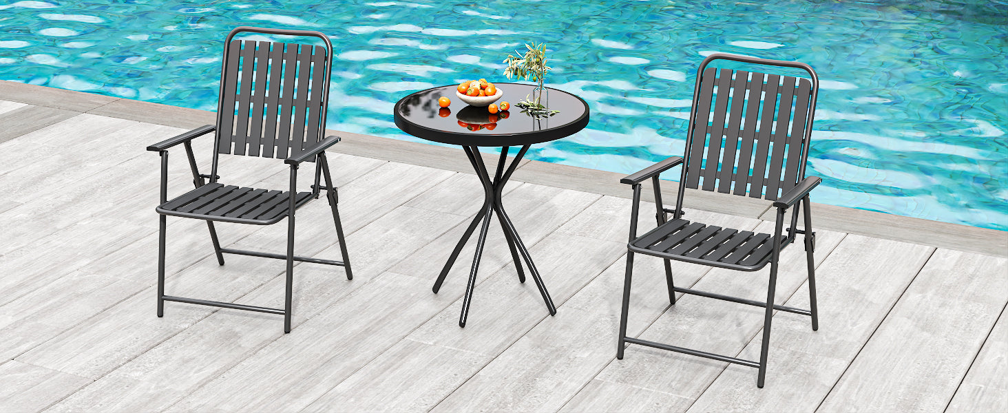 Outdoor Patio Set Metal WPC Black 3 Piece Folding Chairs Glass Table 350 LB