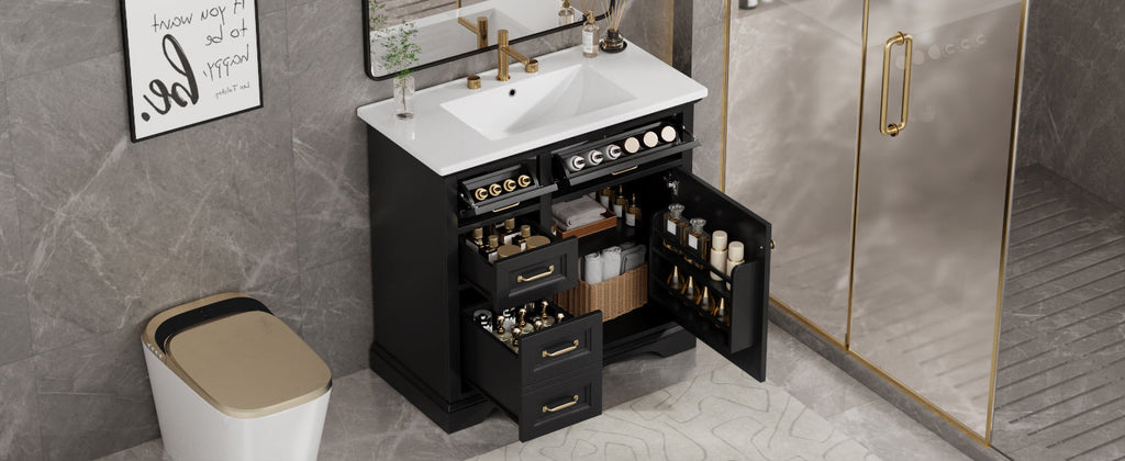 36-Inch Bathroom Vanity with Ceramic Sink Top, 4 Drawers and 1 Soft-Close Door