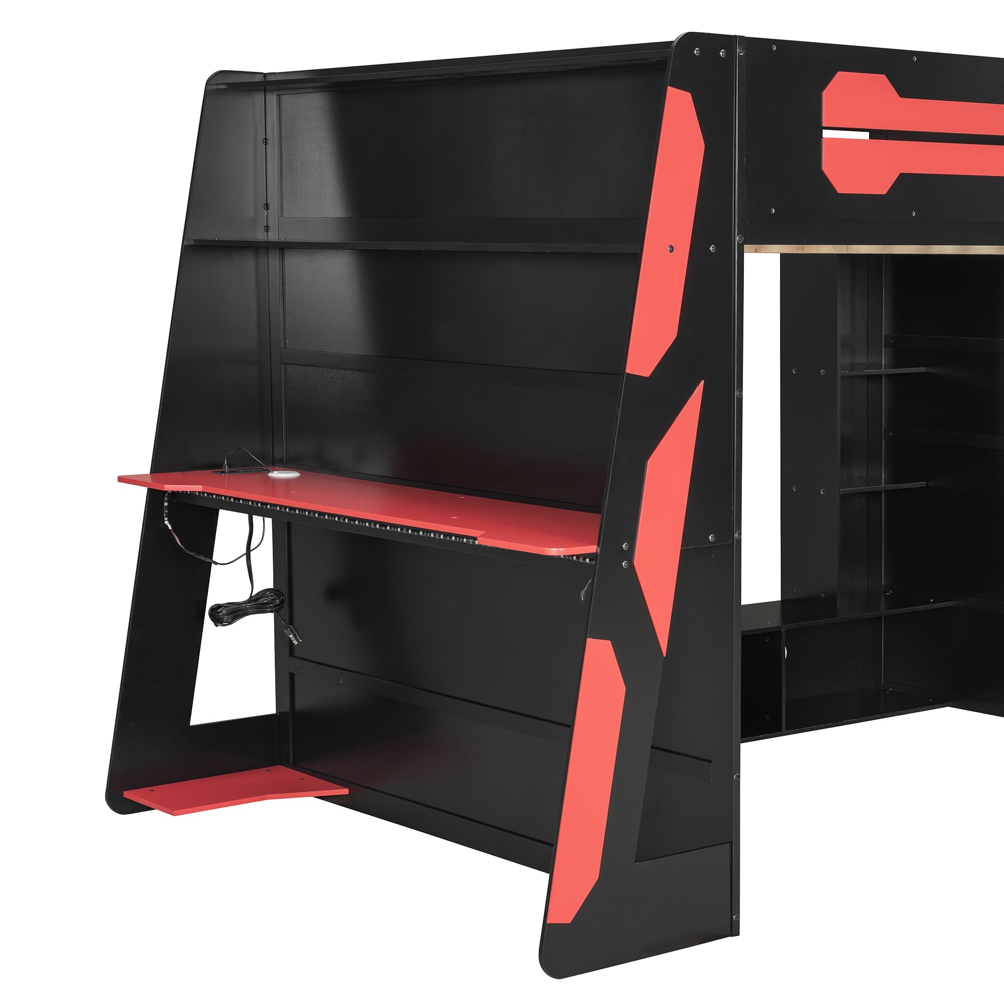 Full Size Wood Loft Bed with Desk, Multi-storage Shelves and RGB Light, Red