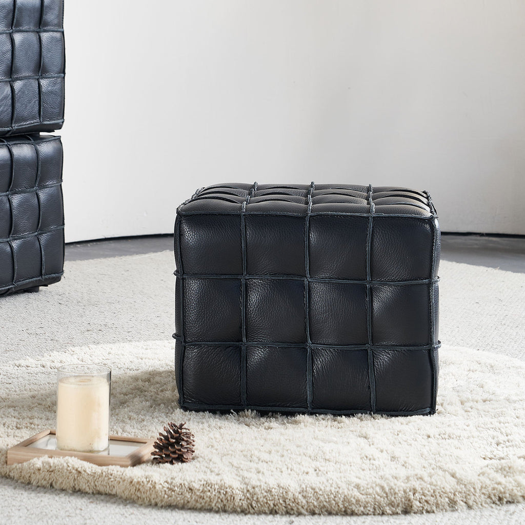 17.32'' Quality Leather Tufted Ottoman Footstool for Living Room, Black