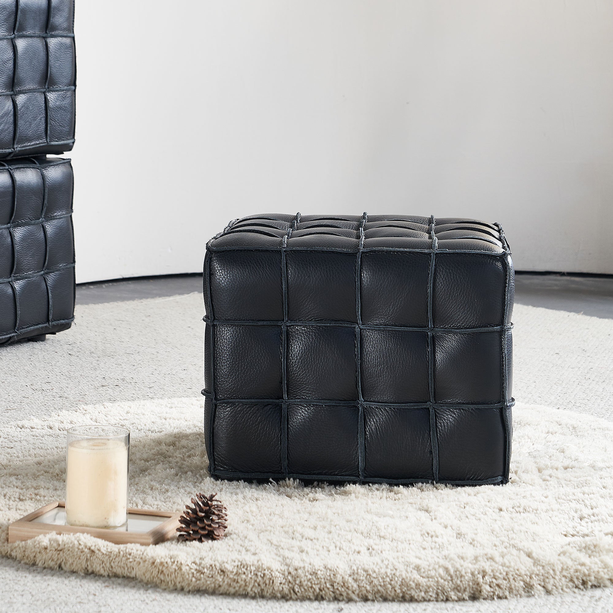 17.32'' Quality Leather Tufted Ottoman Footstool for Living Room, Black