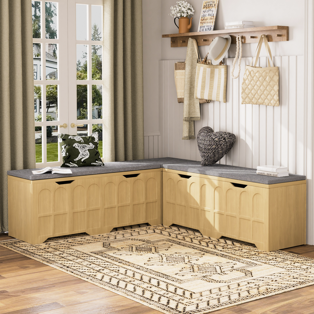 Storage Bench L-Shape 3 Piece MDF Natural Padded Seat 63x63x19 In 360 LB