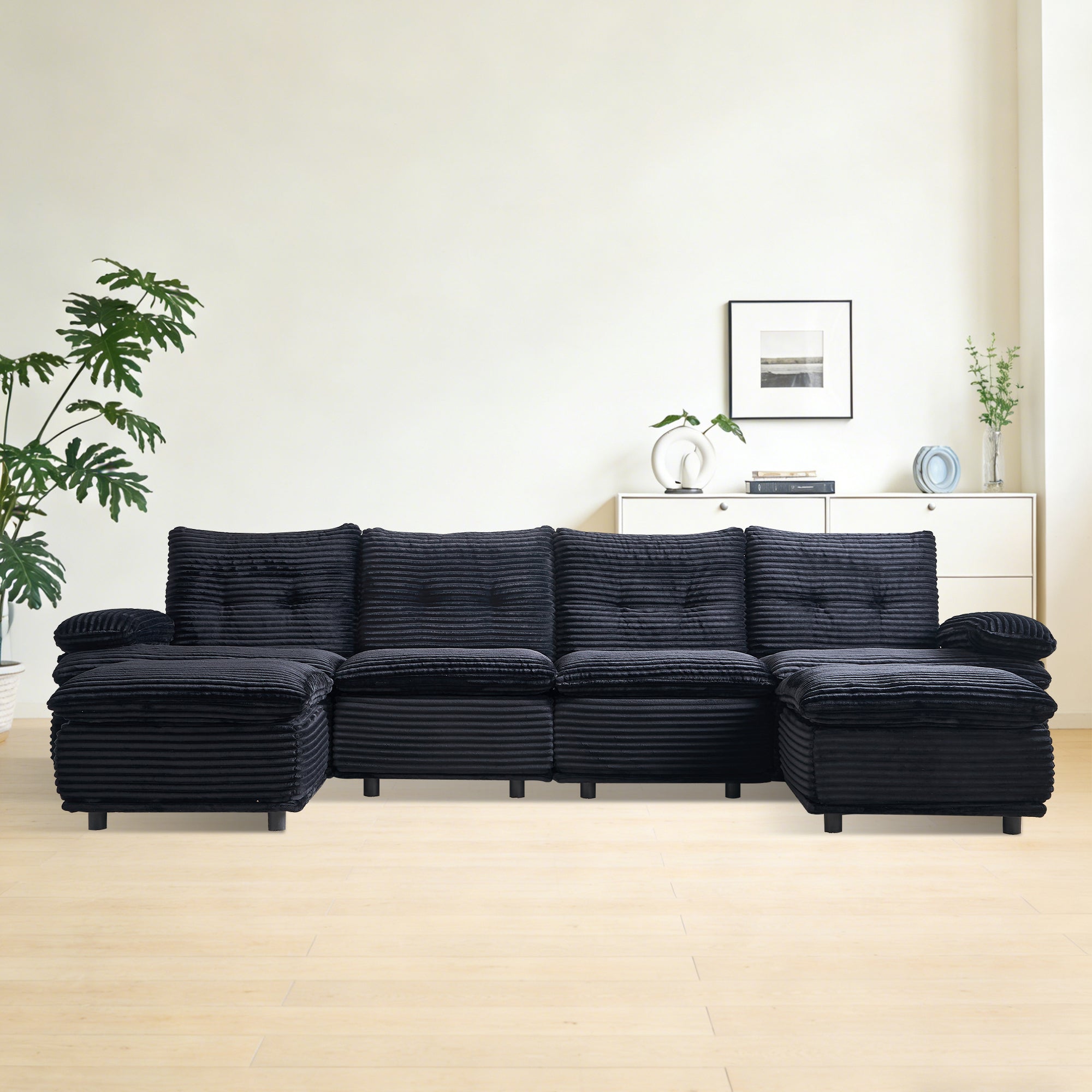 Sectional Sofa U-Shape Modular Corduroy Black 6-Seat with 2 Ottomans 140.94 In