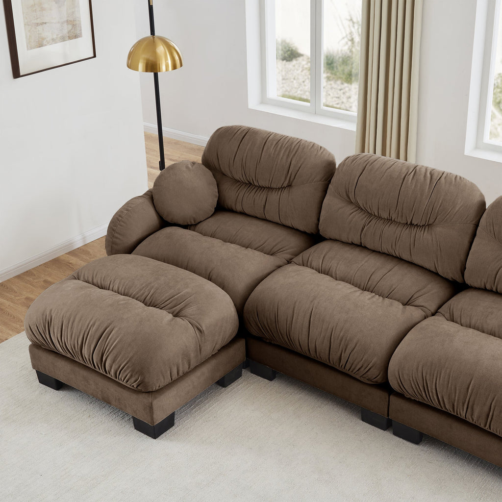 Sectional Sofa Modular Chenille Brown 3 Seat 2 Ottomans Pleated Backrest