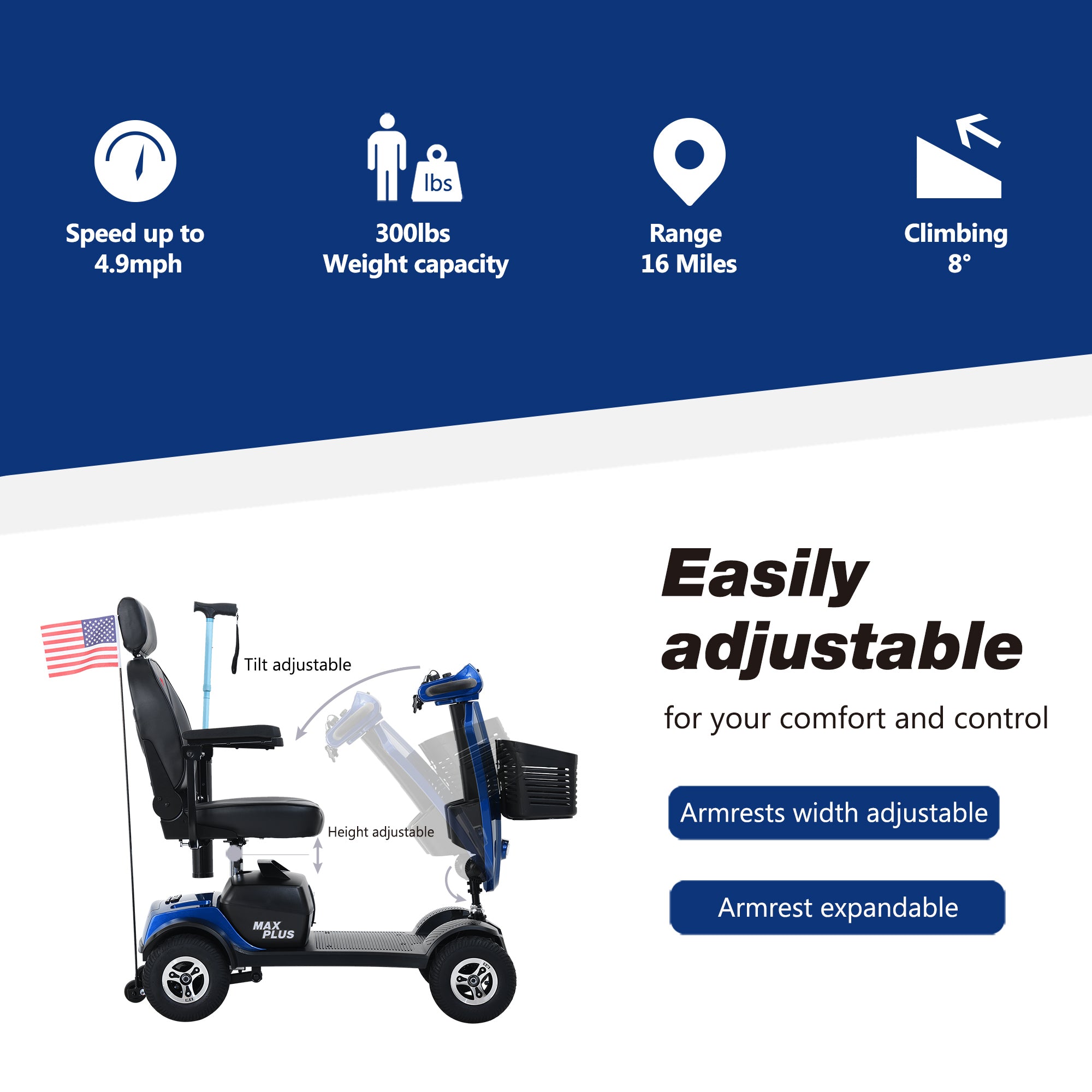 Mobility Scooter 4-Wheel Metal Blue 16 Mile USB 360 Swivel Seat Anti-Tip