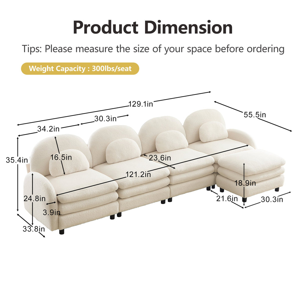 Sectional Sofa Modular Cloud Teddy Beige White 4 Seat Ottoman