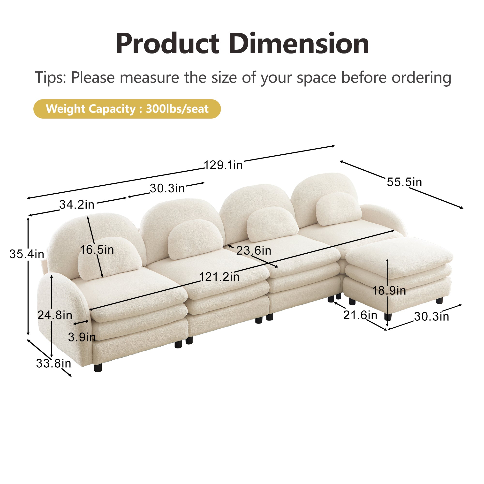 Sectional Sofa Modular Cloud Teddy Beige White 4 Seat Ottoman