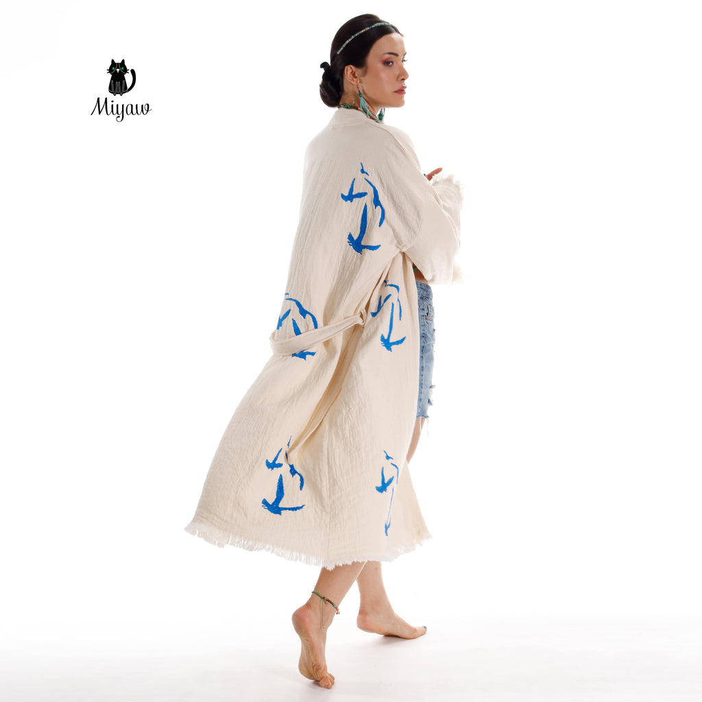 Handcrafted Seagull Print Kimono Robe in Organic Cotton - Bohemian Beach Cover Up