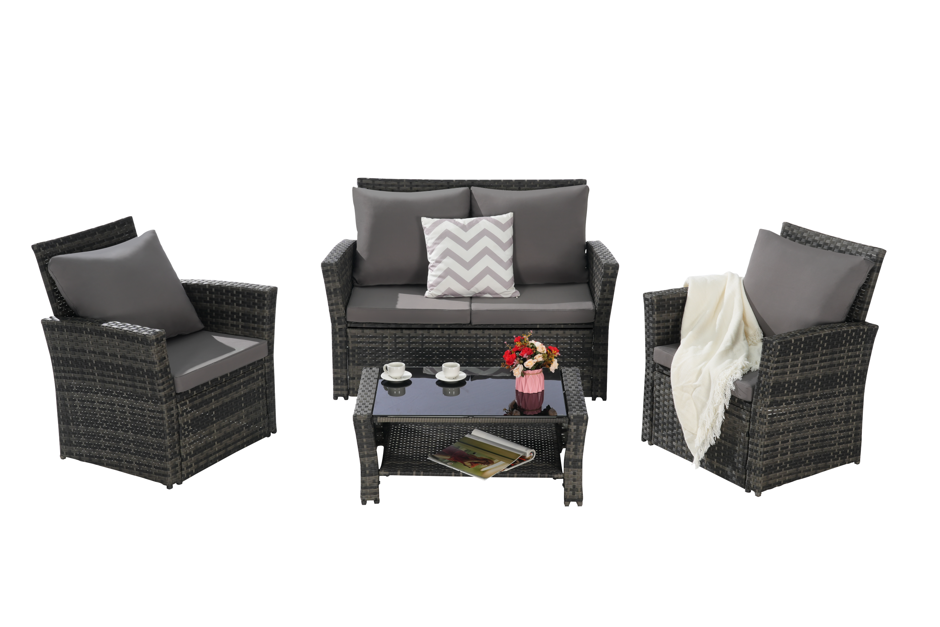 Outdoor Patio Set PE Rattan Steel Dark Gray 4 Piece Glass Seats 4