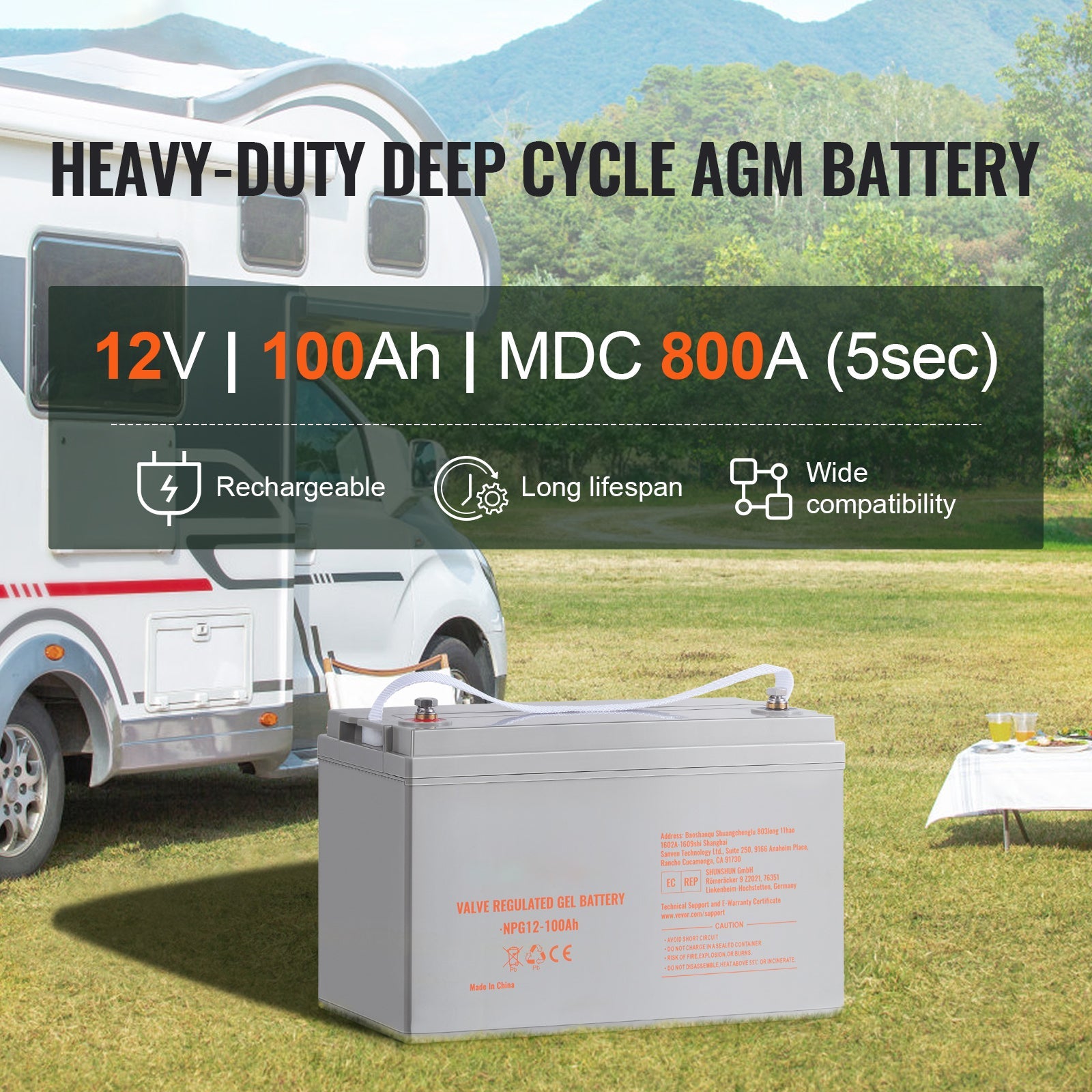 Deep Cycle AGM Battery 12V 100AH 800A RV Solar Marine