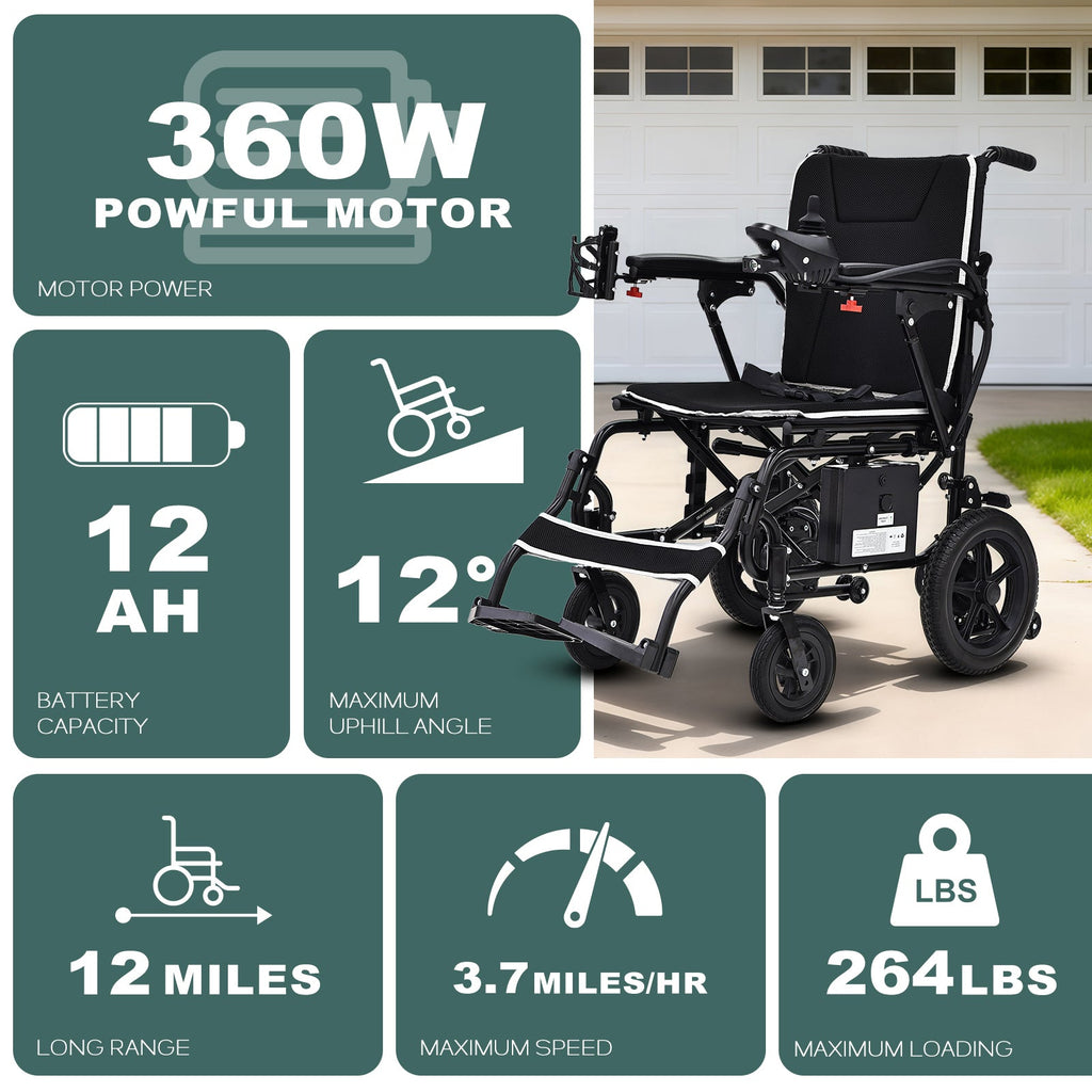 Wheelchair Electric Foldable Aluminum 264 LB 36 LB 180W Dual Motor LED Lights