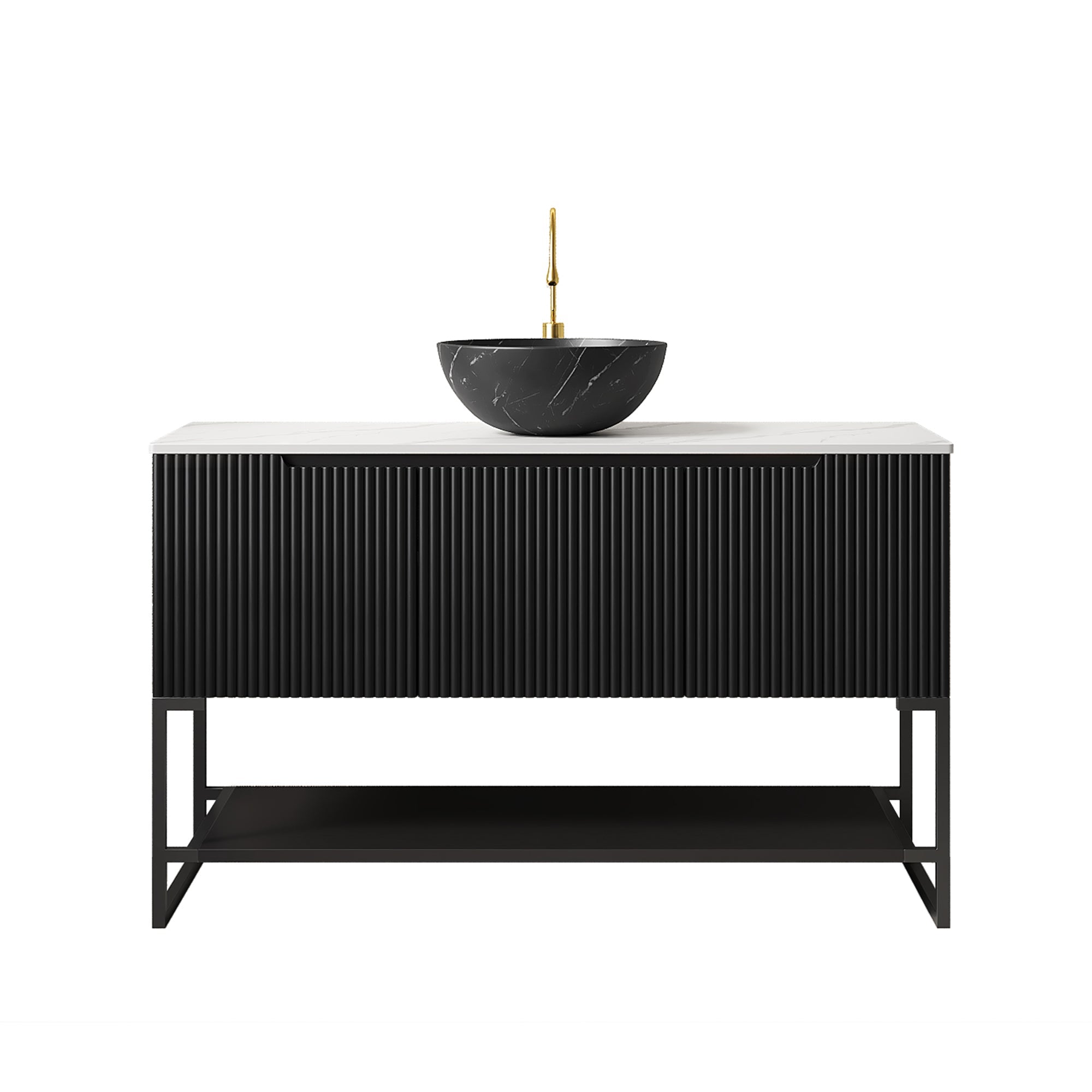 48' Bathroom Vanity with Sink, Freestanding 3 Doors Open Shelf Black Bowl Basin