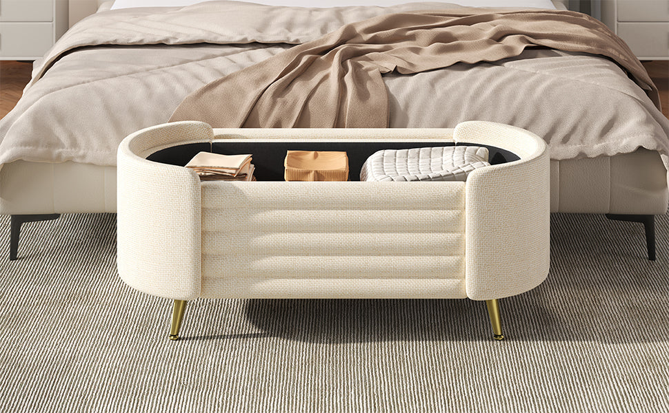 Storage Ottoman Oval Chenille Beige Metal Legs Hidden Storage 44.9x18x18 In
