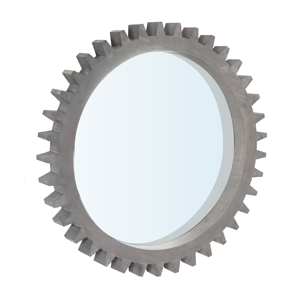 Wall Mirror Round Gear-Shape Wood Frame Dark Brown Vintage 16.5 In