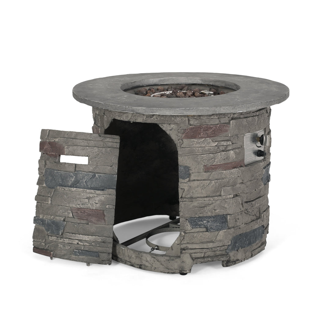 Transitional Outdoor 32 Inch Round MGO Propane Fire Pit Table, Stone Gray