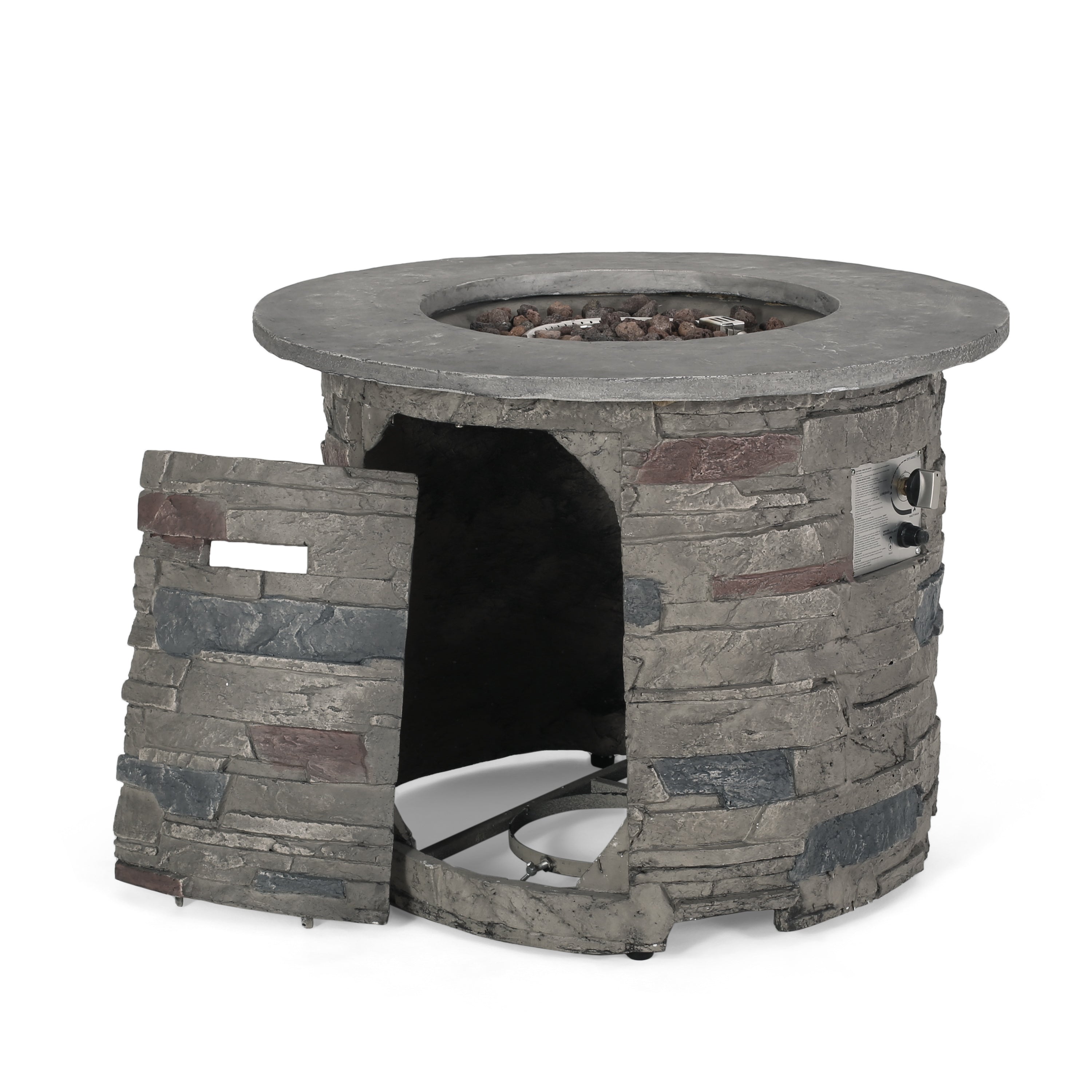 Transitional Outdoor 32 Inch Round MGO Propane Fire Pit Table, Stone Gray