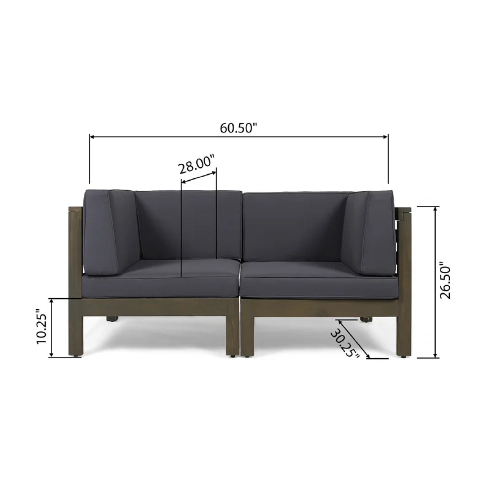 2-Piece Loveseat Set with Water-Resistant Cushions in Dark Grey Acacia Wood