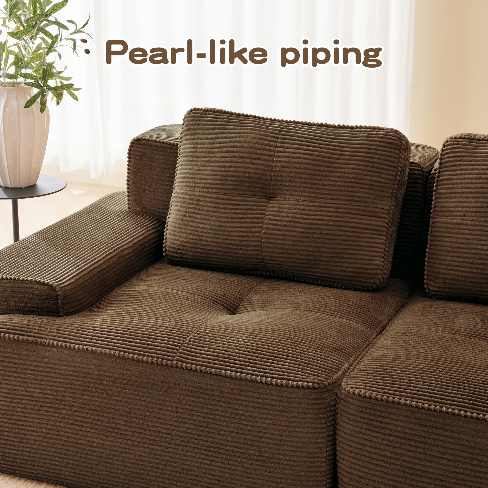 Sectional loveseat L-Shape Corduroy Brown 2 Seat Modular with Ottoman 82 In