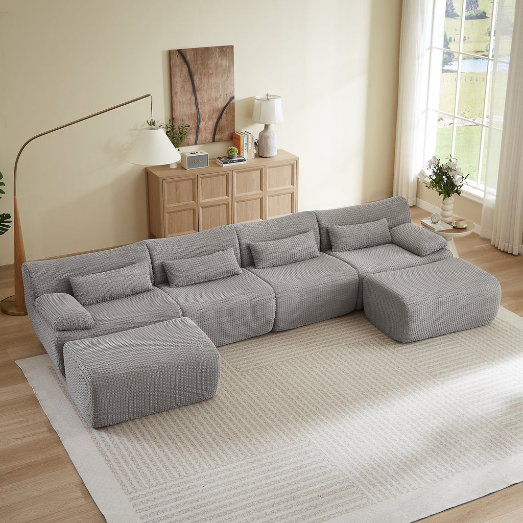 Sectional Sofa U-Shape Convertible Corduroy Gray 6 Seat Ottoman