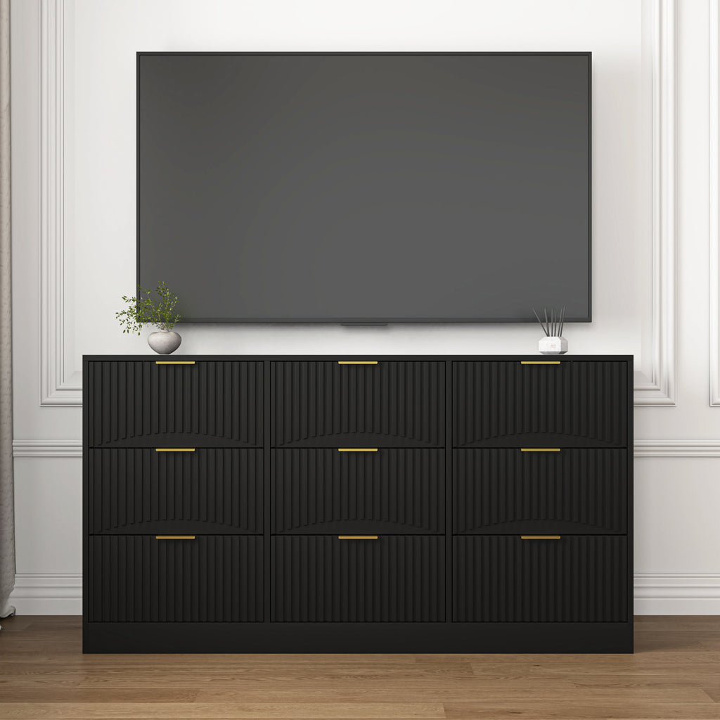 Dresser Classic 9-Drawer Black Particle Board Gold Handles 63x15.74 In